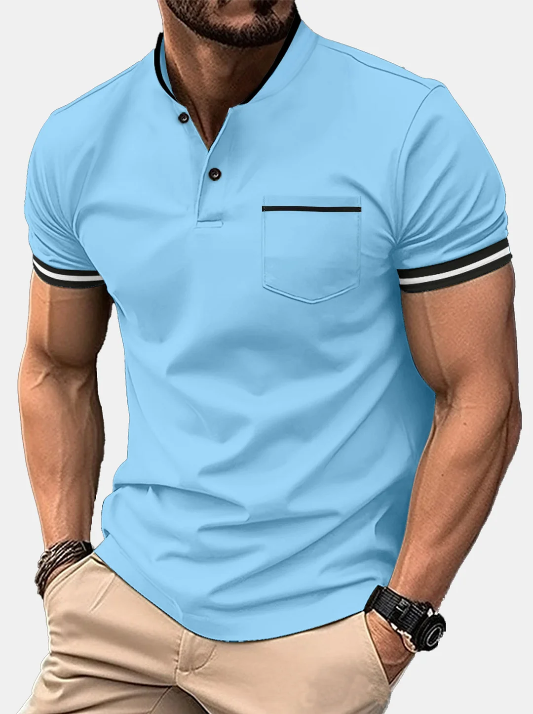 Men's Short Sleeve Solid Color Stand Collar Pocket Polo Shirt