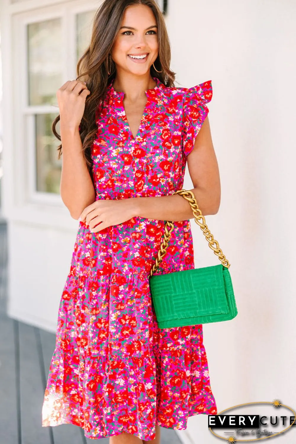 Red Boho Floral Flutter Sleeve Tiered Ruffled Dress