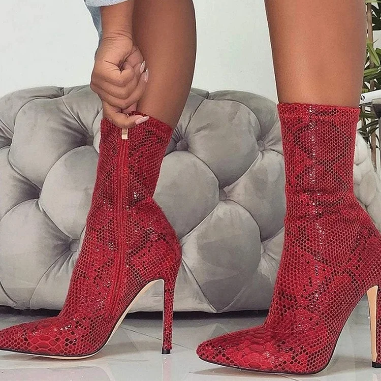 Red Snakeskin Boots Pointed Toe Stiletto Heel Mid Calf Boots |FSJ Shoes