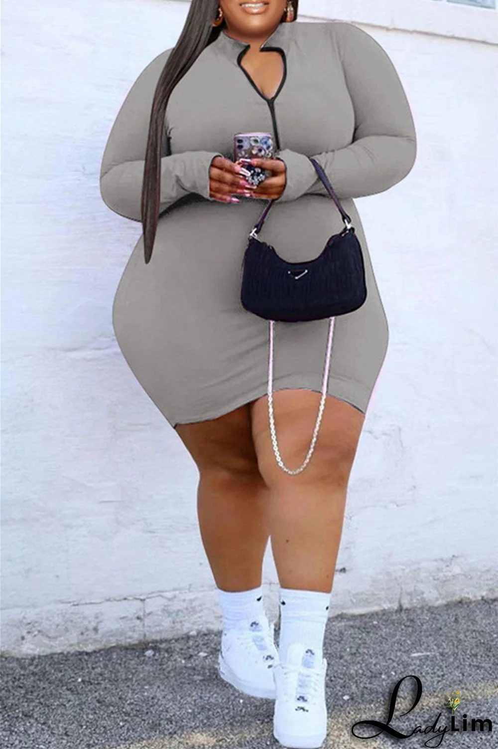 Burgundy Fashion Casual Solid Basic Zipper Collar Long Sleeve Plus Size Dresses