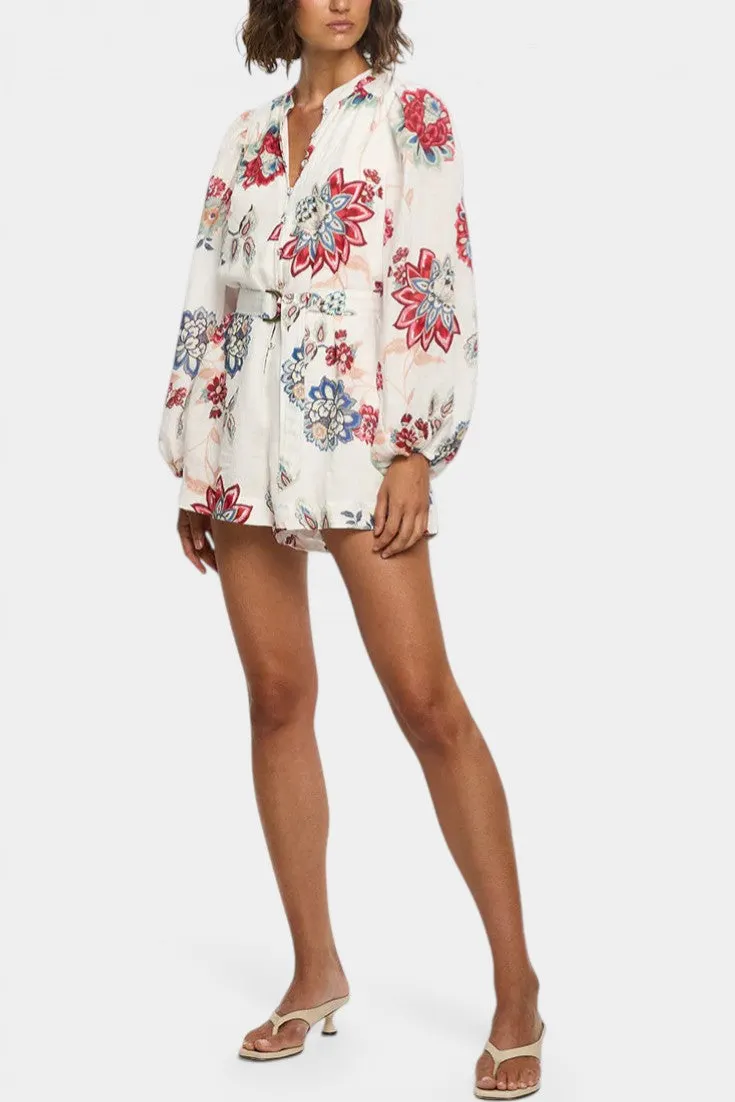 Honeyed Bloom Linen-Blend Romper with Belt