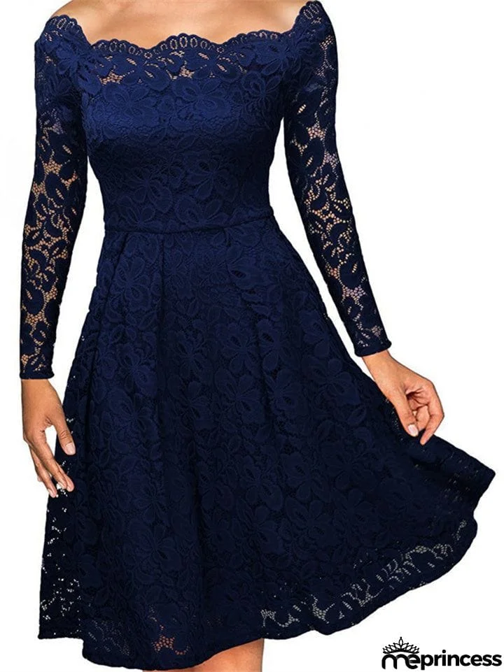 Copy of Women Prom Dress Bateau/boat neck A-line Long Sleeve Guipure lace Dresses