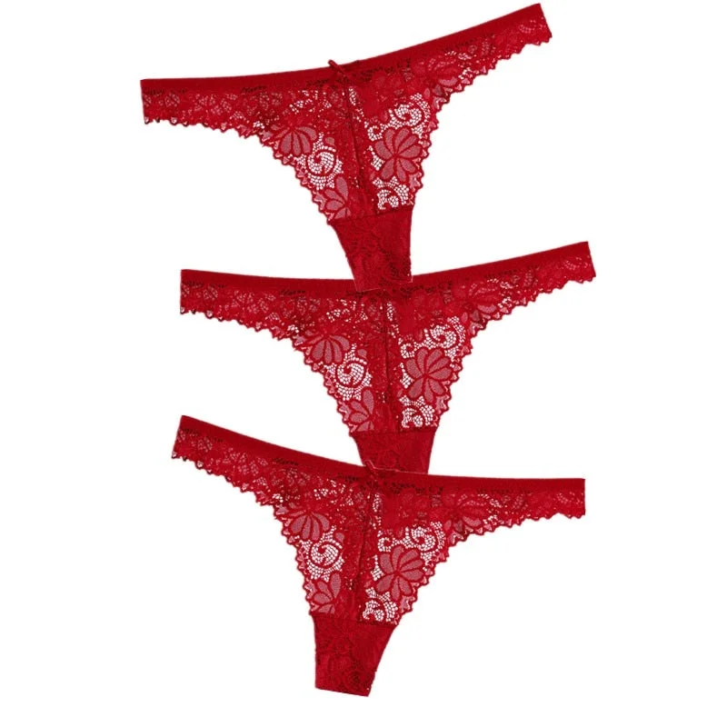 3Pcs/Lot Sexy Lace Thong Low Waist Lace Transparent Panties Women Hollow out Breathable G String Briefs Bow Underwear Lingerie