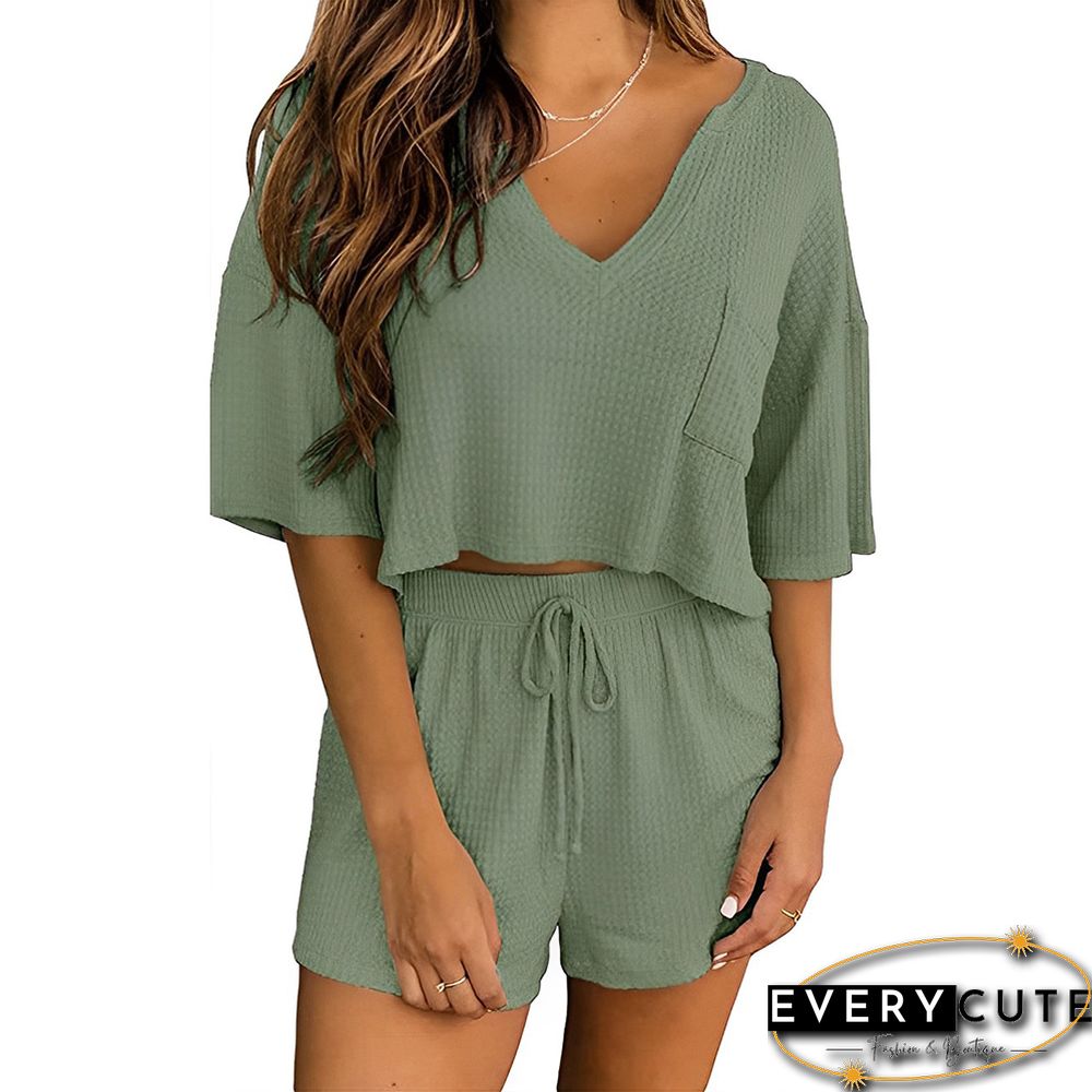 Pea Green Waffle V Neck Pocket Top and Shorts Set