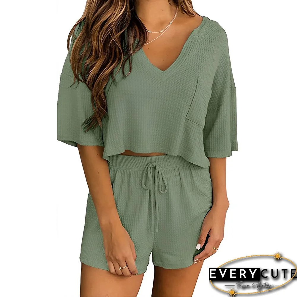 Pea Green Waffle V Neck Pocket Top and Shorts Set