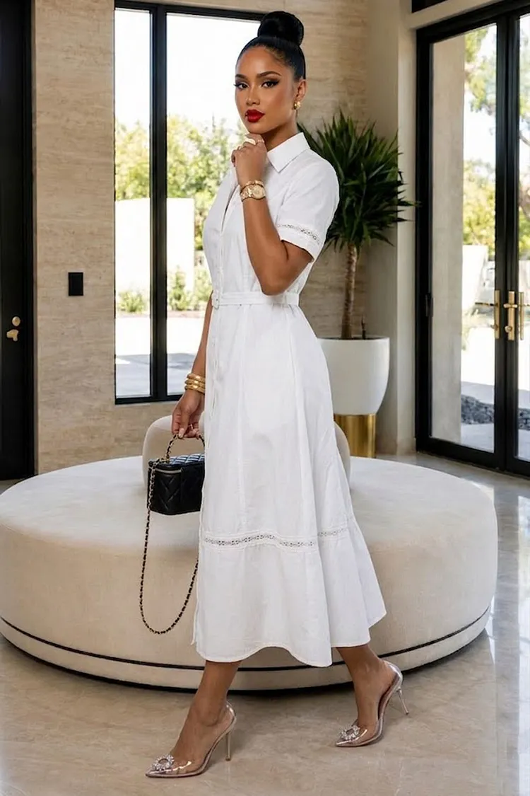 Buckle Hollow Short Sleeved Casual Maxi Shirt Dresses-White [Pre Order]