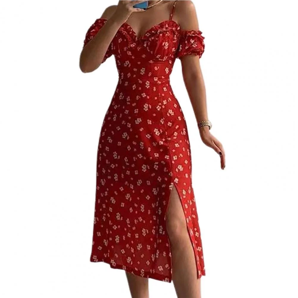Floarl Maxi Dress  Spaghetti Straps Puff Sleeves Split Hem Lace Collar Midi Dress A-Line Long Princess Dress robe vestido