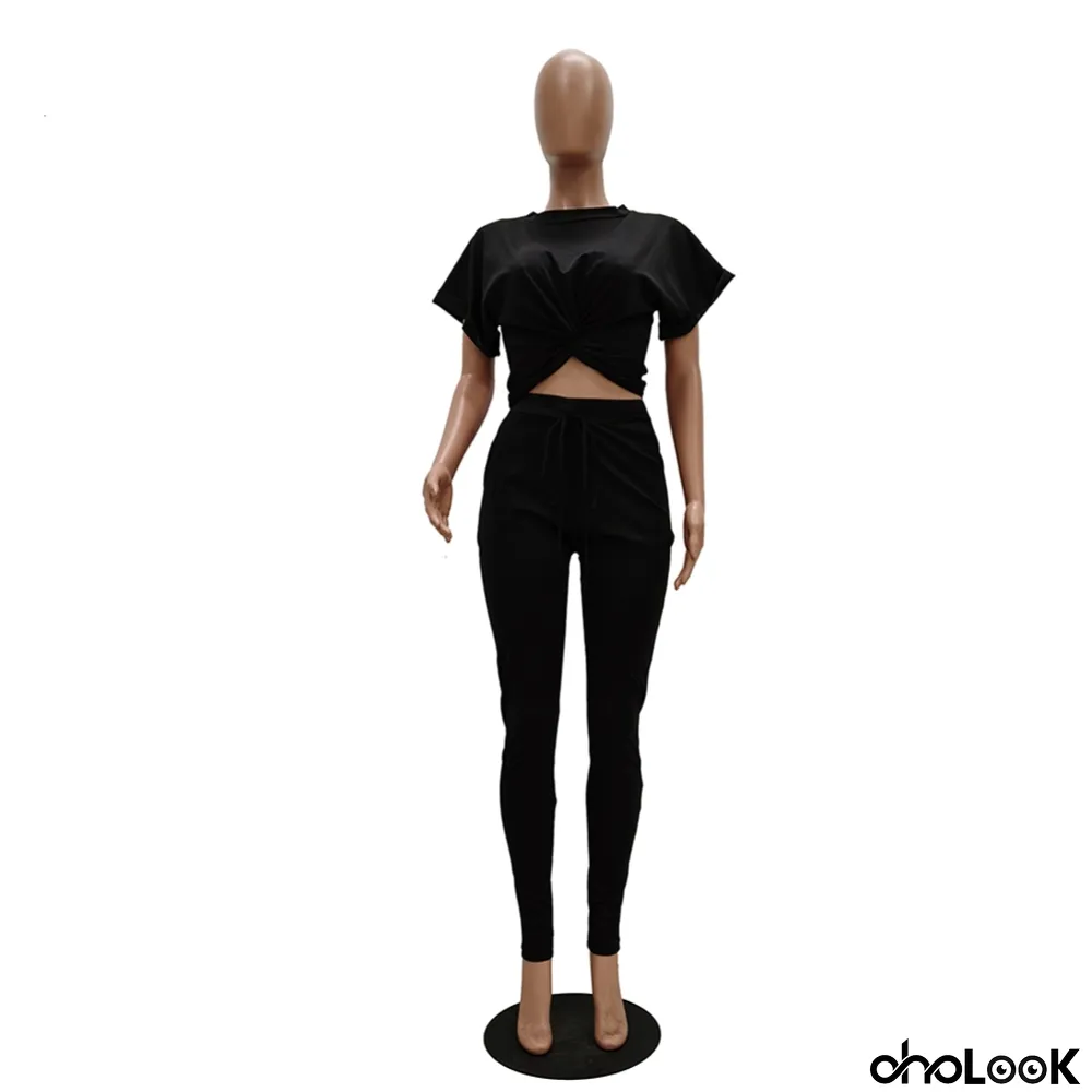 Summer Plain Knot Crop Top and High Waist Pants Set