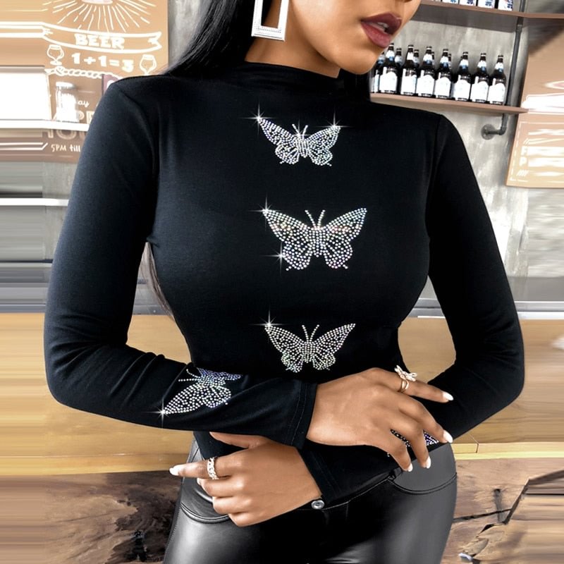 2022 Spring Elegant Butterfly Print Turtleneck Blouses Shirts Women Sexy Hollow Out Slim Tops Pullover Lady Fashion Casual Blusa
