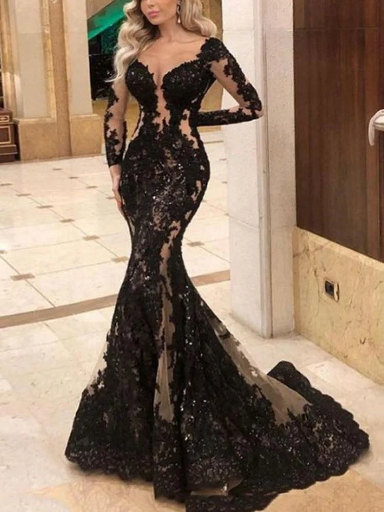 Neosepa-Lace Long Sleeve Glitter Sequin Black Maxi Mermaid Dress
