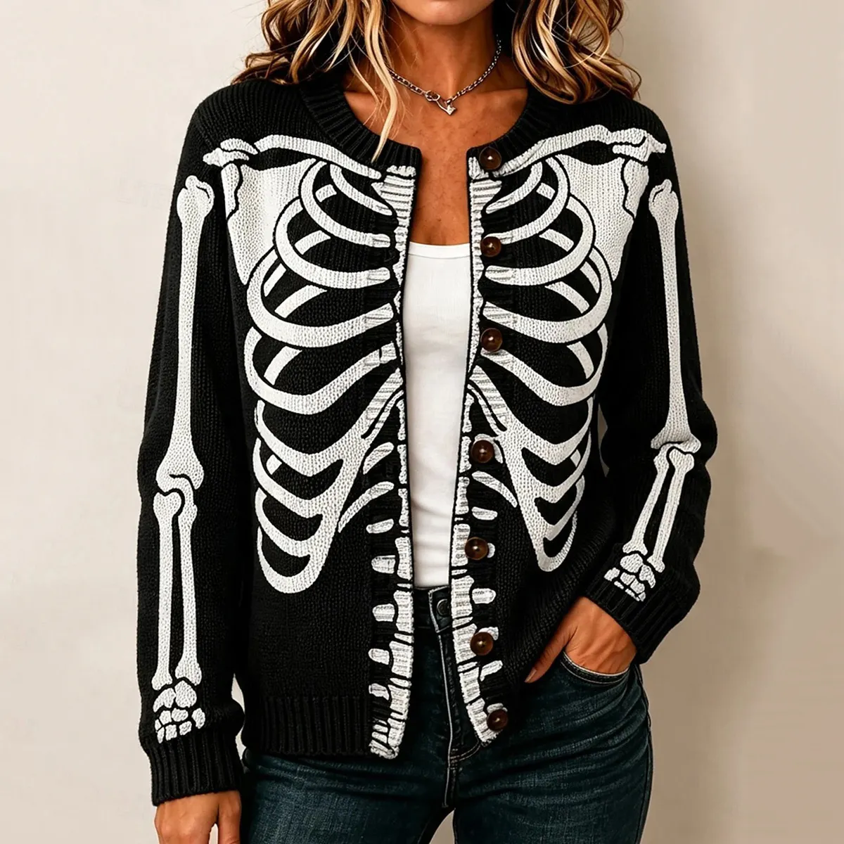 Comstylish Women's Halloween Skull Graphics Knit Button Cardigan