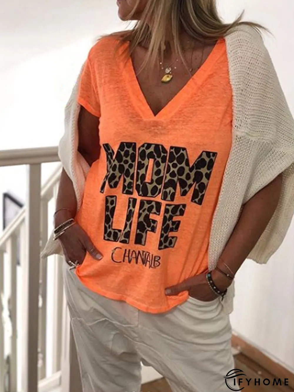 Orange Short Sleeve Letter Printed V Neck T-shirt | IFYHOME