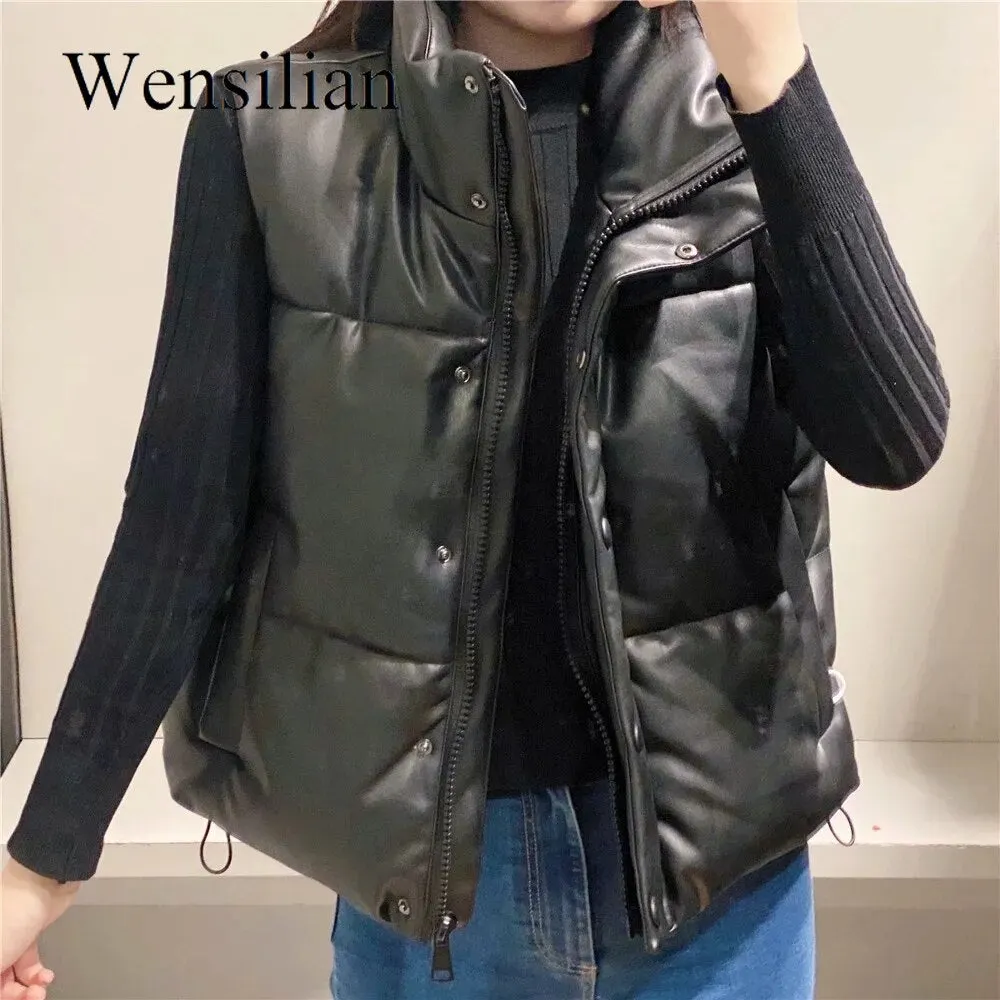 2021 Faux Leather Vest Coat Women Black Jacket Motorcycle Zipper Sleeveless Cropped Jacket ZA Female Short Outwear