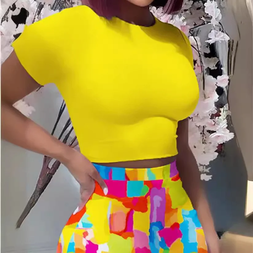 Wongn Wongn Women's Round Collar Short-Sleeved T-Shirt Wrapped Hip Skirt Print Leak Umbilical Slim Sexy Suit