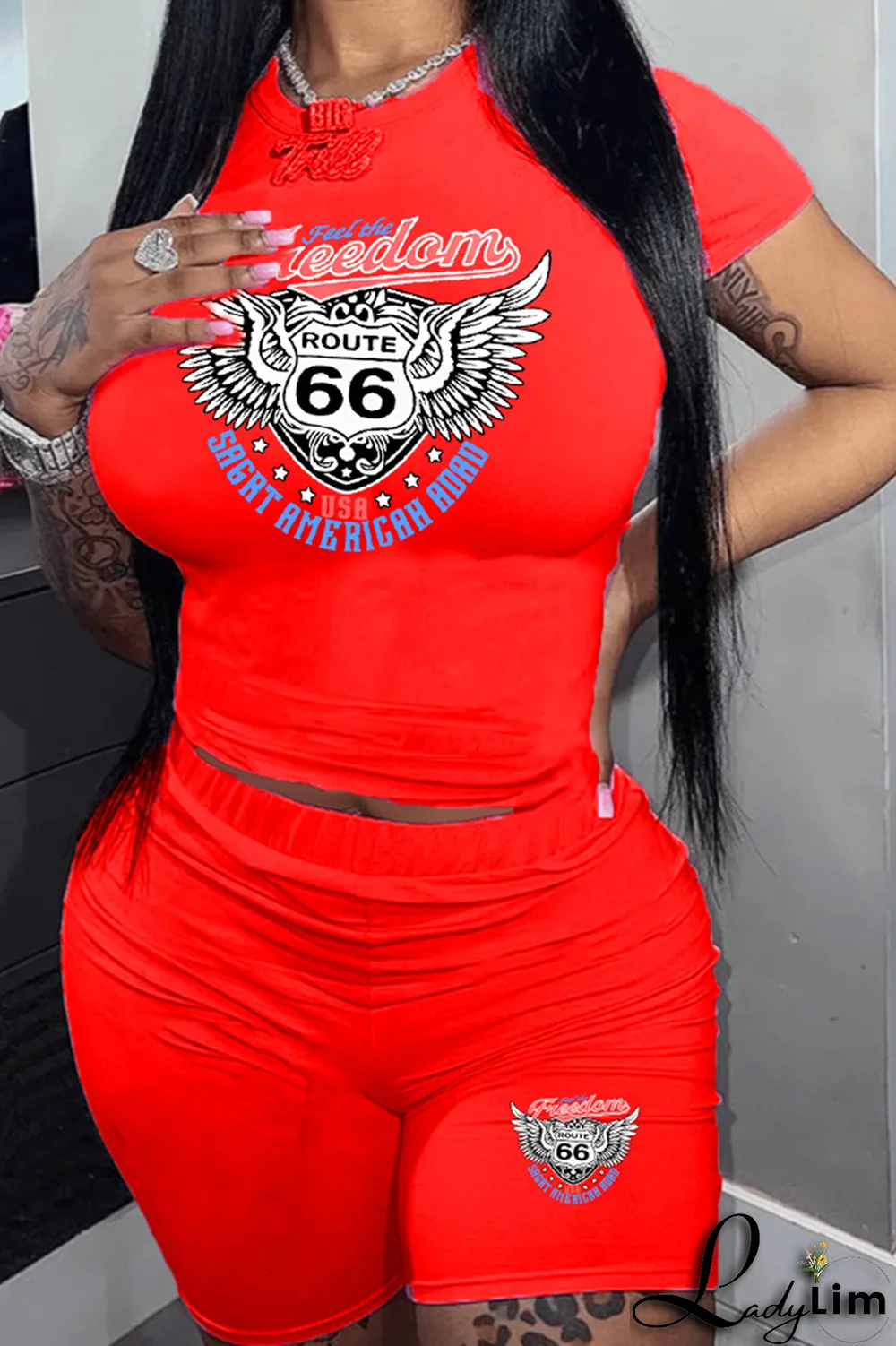 Orange Casual Print Patchwork O Neck Plus Size Two Pieces