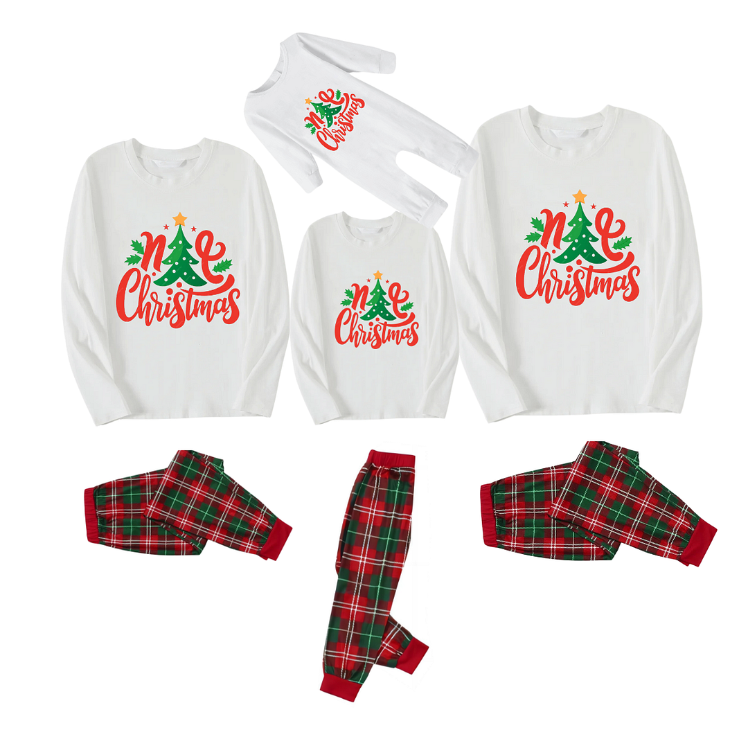 Christmas Tree with Stars and Colorful Pattern White Top with Red & Green Plaid Pants Family Matching Pajama