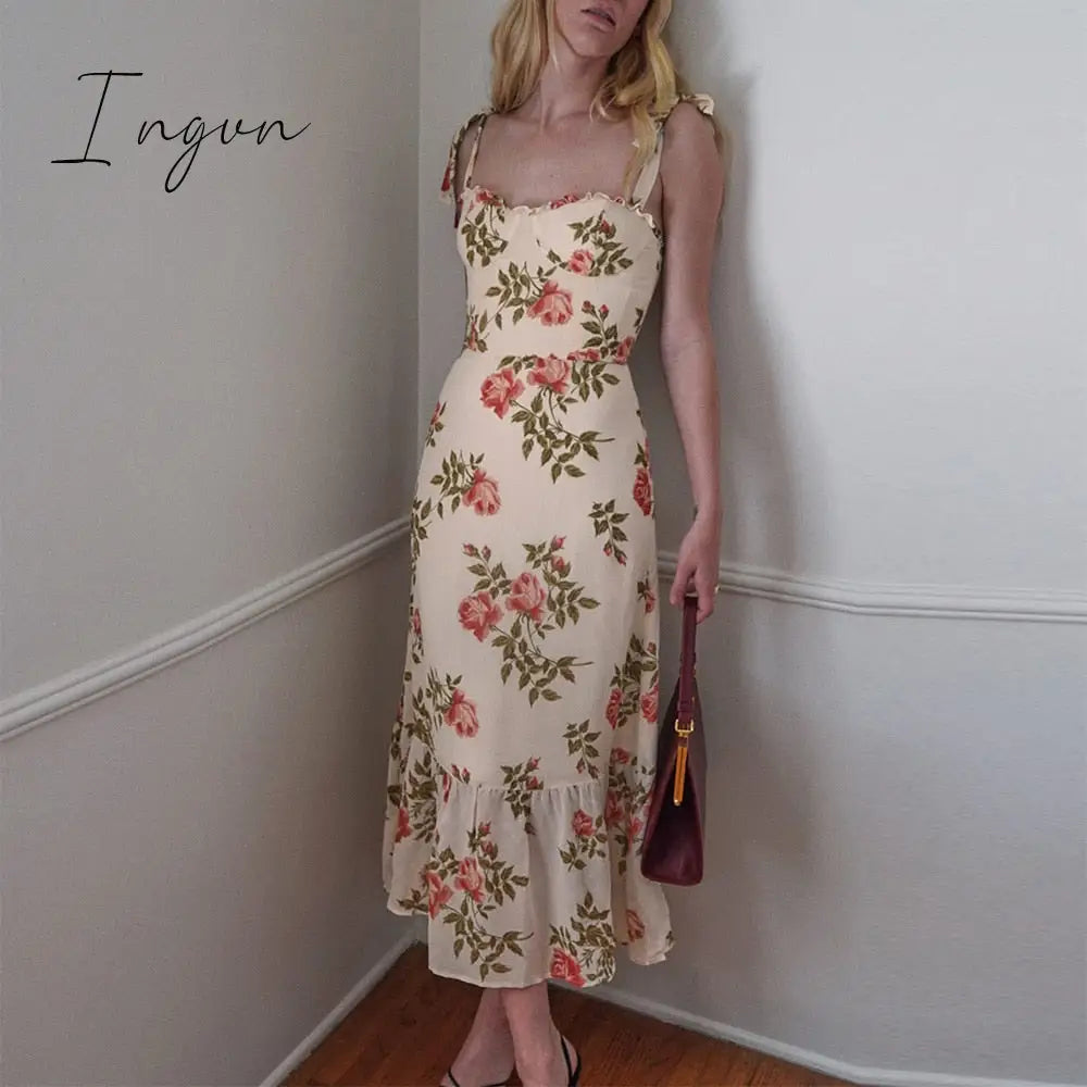 Ingvn - Dresses For Women Elegant Vintage Floral Dress Frill Sweetheart Neck Sleeveless Strap Tie