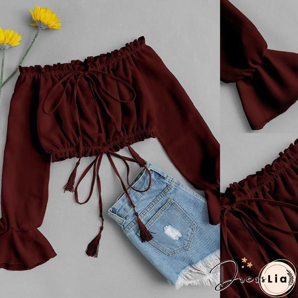 Women's Lace up Bandage Off Shoulder Long Sleeve T-Shirt Crop Tops Blouse Shirt
