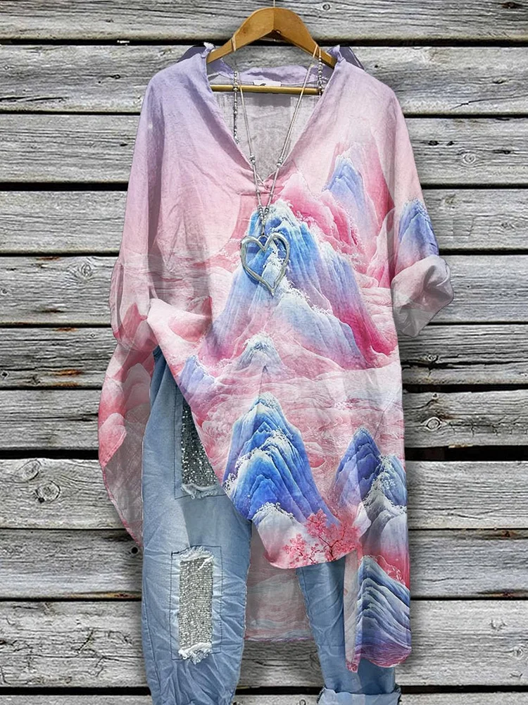 Chinese Landscape Painting Pattern Print Casual Cotton And Linen Shirtdress