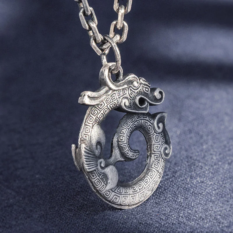 Round Dragon 999 Sterling Silver Auspicious Cloud Luck Necklace Pendant