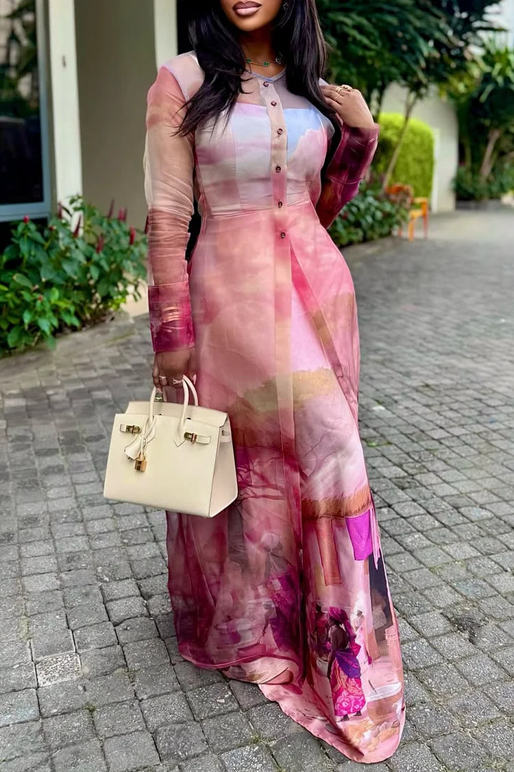 Plus Size Wedding Guest Multicolor Graphic Round Neck Long Sleeve Button See Through Organza Two Piece Dress Set [Pre-Order] 2024 - Xpluswear