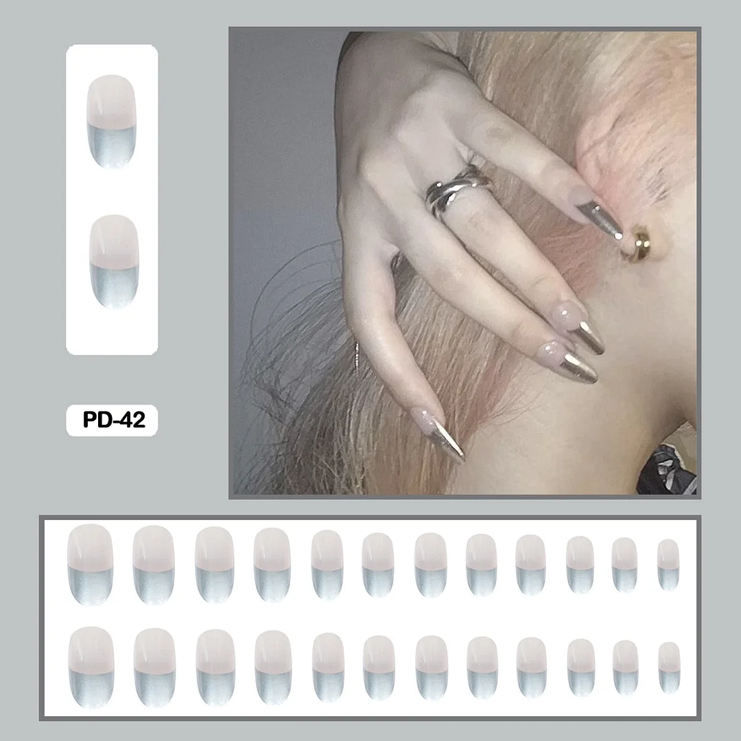 French Mordern stylish Elegant Gold Sliver Edge Line Wearable False Nails-Nail Inspo