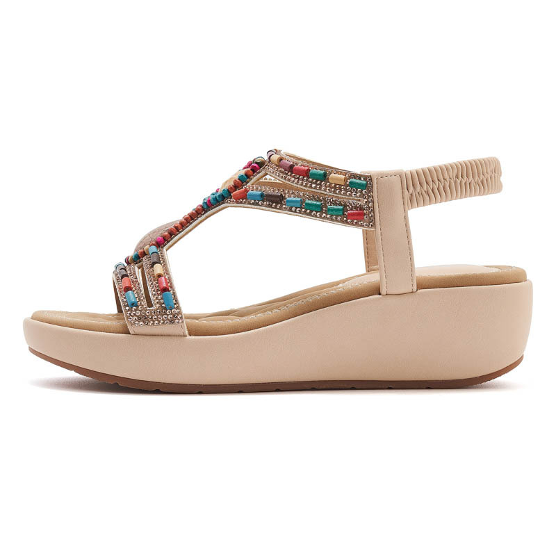 Arkget Shoes | Women's Bohemian Crossband Slip-On Elastic Back Comfortable Wedge Heel Beaded Sandals