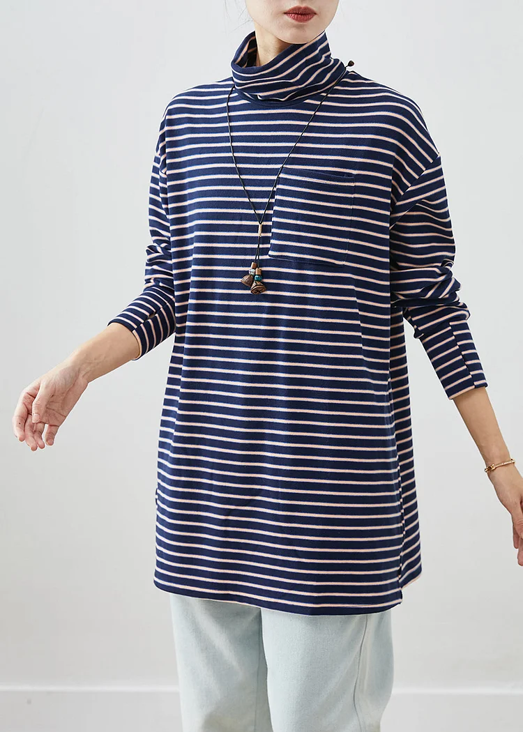 Chic Blue Turtle Neck Striped Cotton Shirt Top Fall
