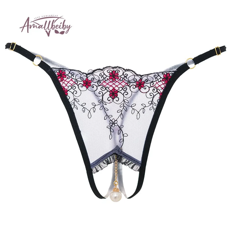 Pearl Pendant Open Thongs Lace Women Underwear Crotchless Embroidery G String Tanga Briefs Lace Transparent Sexy Lingerie