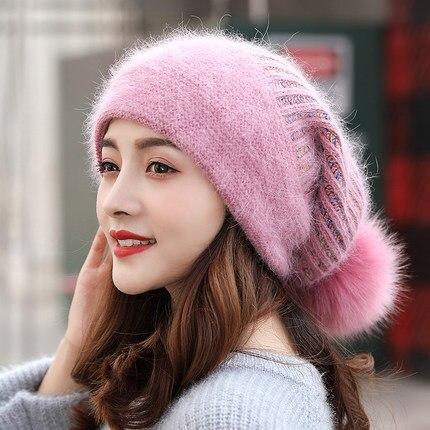 Women Autumn Winter Rabbit Fur Blend Beanie Pompom Fur Knitted Hat Fashion Sweet Warm Earflap Cap Outdoors Skullcap
