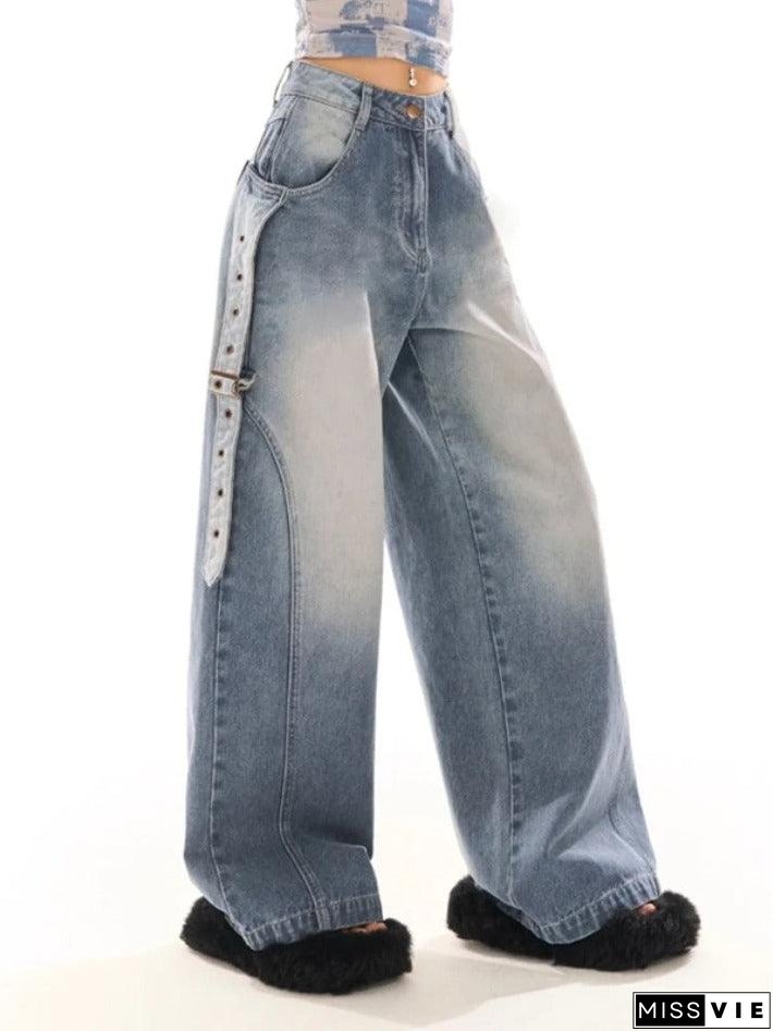 Vintage Wash Belted Decor Boyfriend Jeans