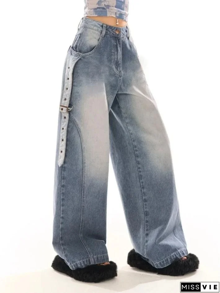 Vintage Wash Belted Decor Boyfriend Jeans