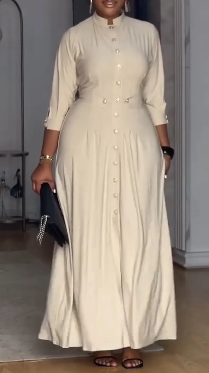 Women Round Neck Buckle Waist Cinching Elegant Casual Dress