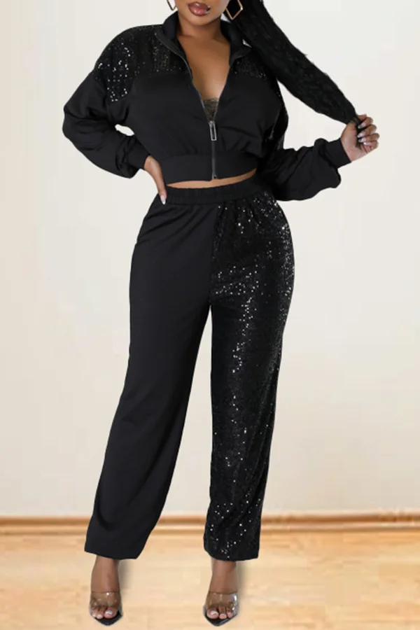Casual Sequined Patchwork Sweatshirt Two-piece Set