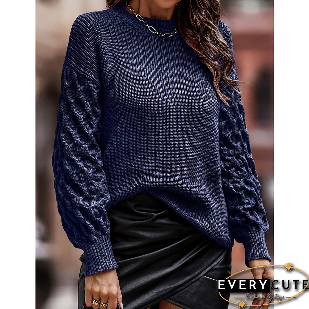 Navy Blue Ribbed Drop Shoulder Long Sleeve Sweater