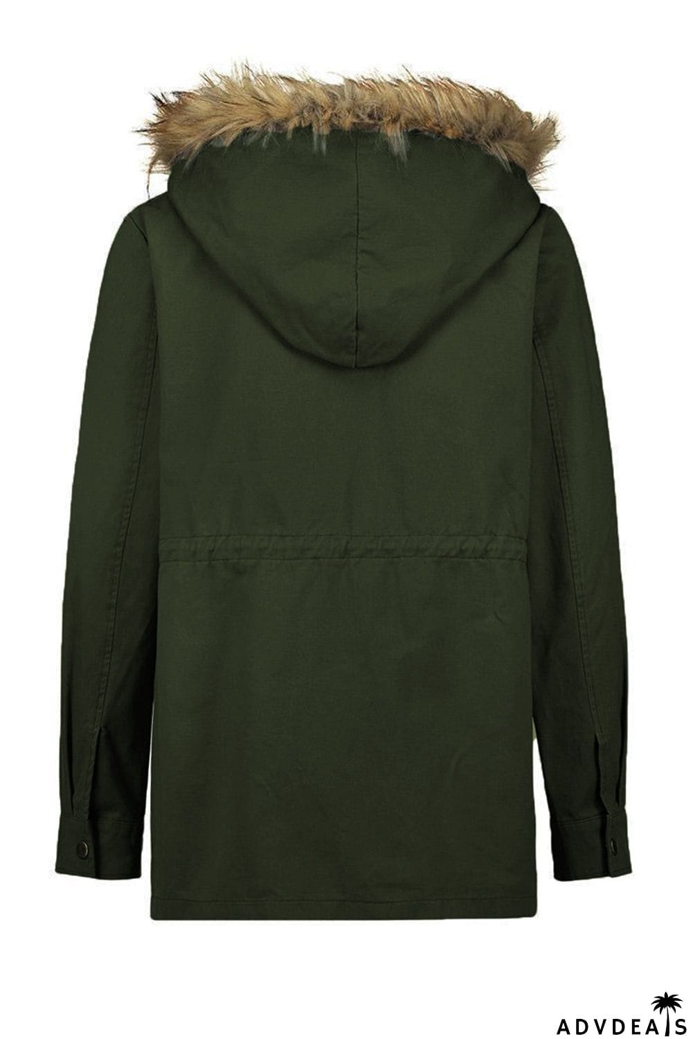 Zipper Snaps Pocket Plush Hooded Parka Jacket