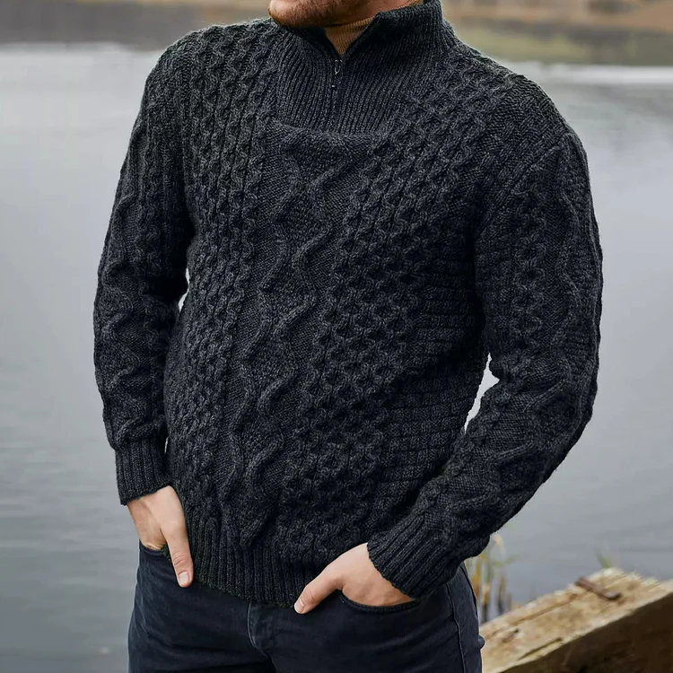 Men's Vintage Cable Knit Aran Zip Neck Turtleneck Sweater