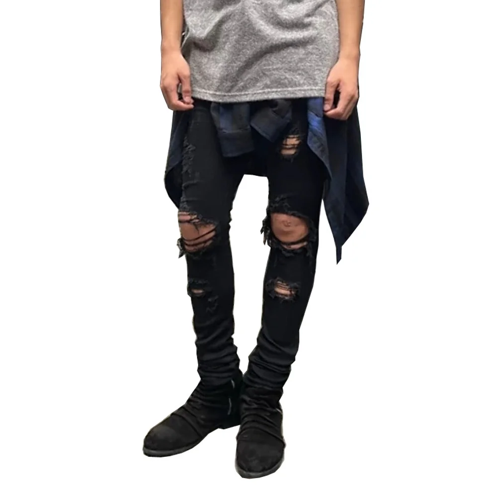 Men's Fog Style High Street Ripped Pure Black Slim Fit Stretch Pocket Jeans