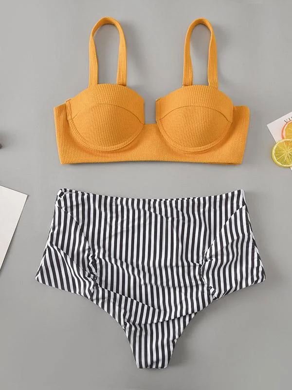 Striped Print Empire Underwired Split Bikini Swimsuit