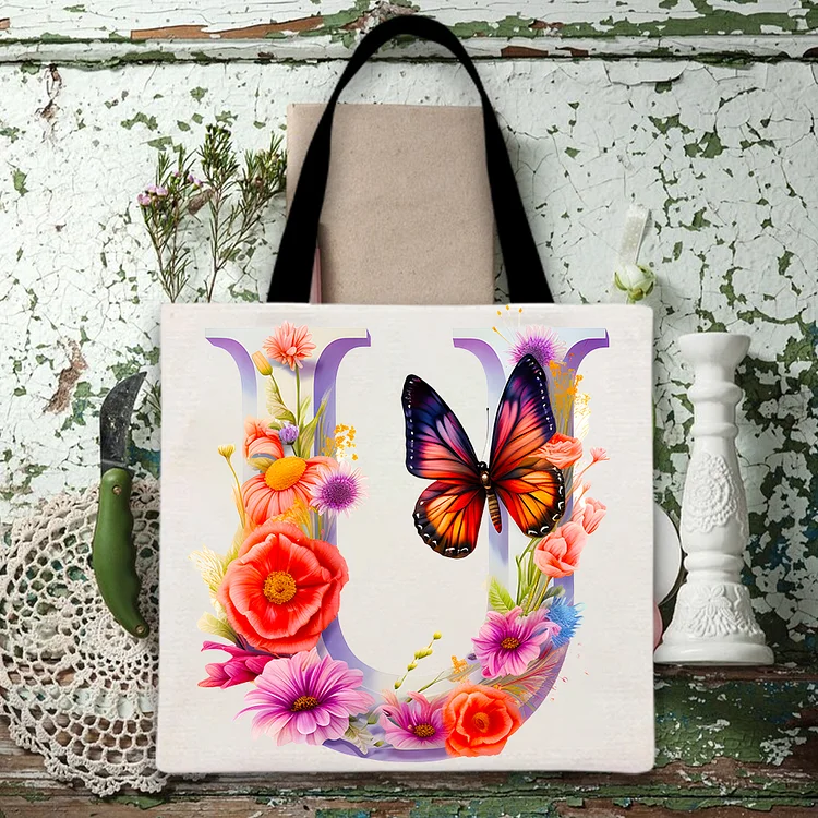 U-Shaped Printed Canvas Bag Surrounded By Flowers And Butterflies-BSTC1269