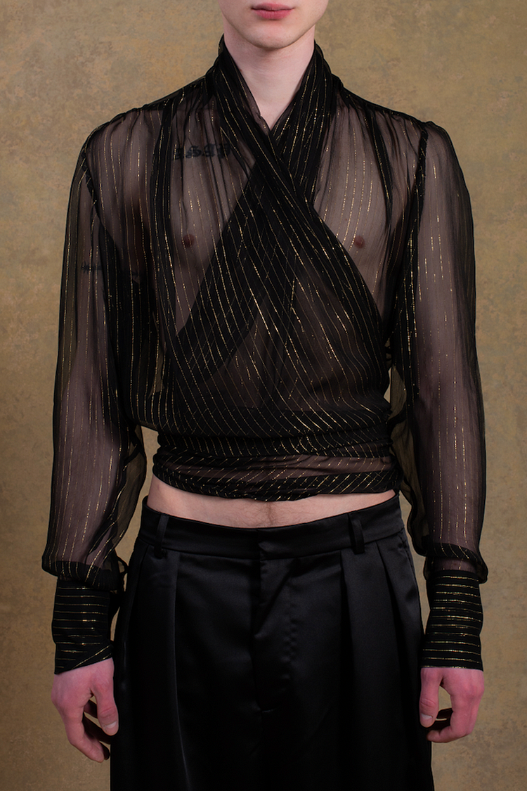 See Through Mesh Wrap Neck Slim Fit Shirt [Pre-Order]