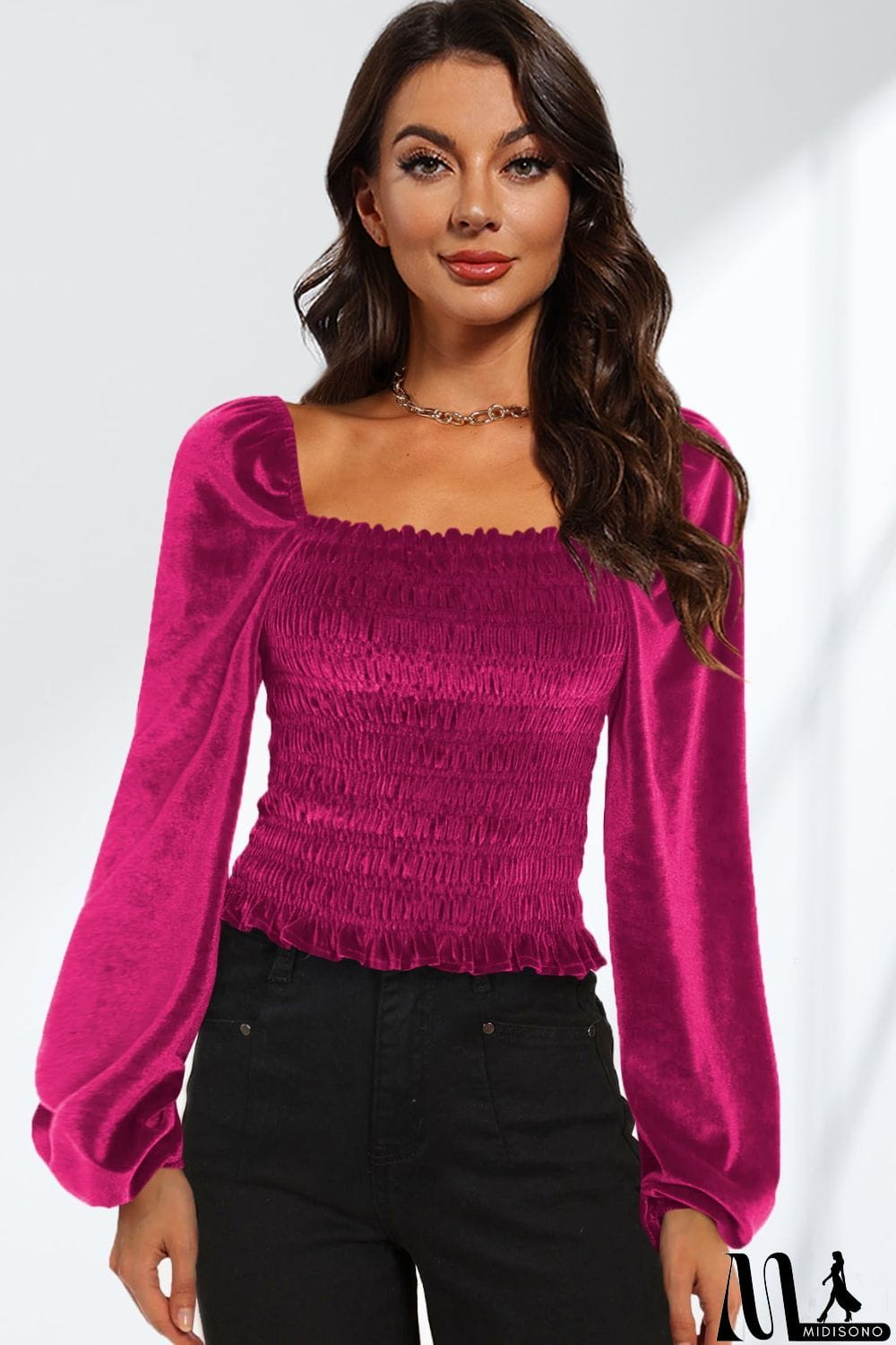 MidiSono - Smocked Square Neck Long Sleeve Blouse