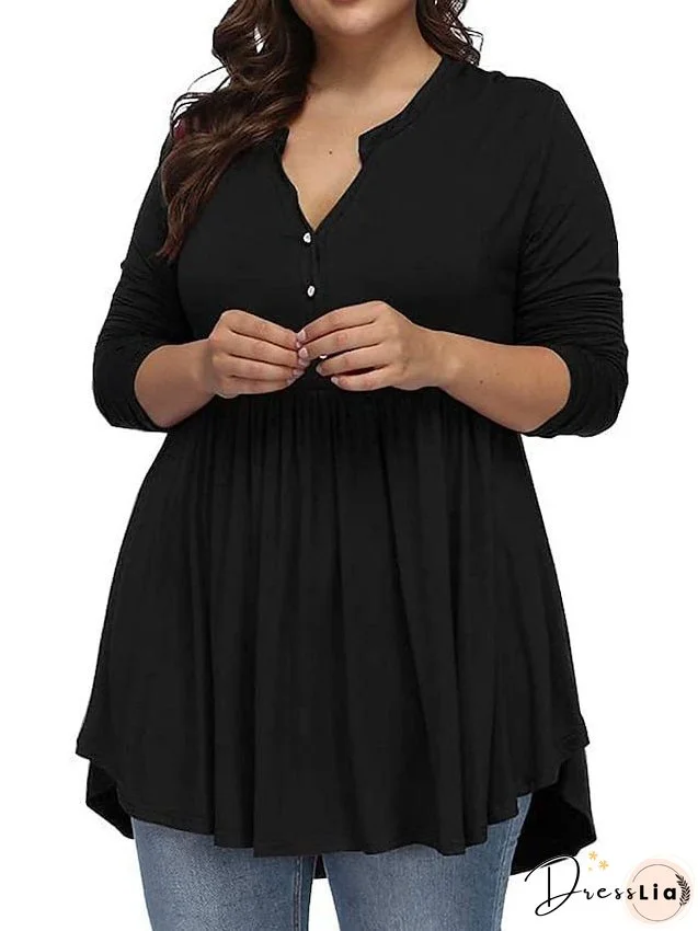 T shirt Tee Light Blue claret Deep Purple Plain Button Flowing tunic Long Sleeve Daily Weekend Basic V Neck Long Plus Size L for Women