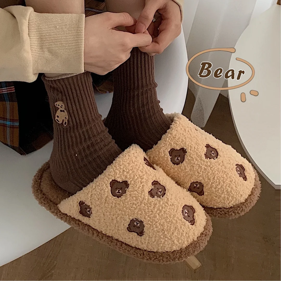 Vstacam new cute couple fashion cartoon pattern bear adult autumn and winter non-slip warm indoor fluffy slippers home shoes women home