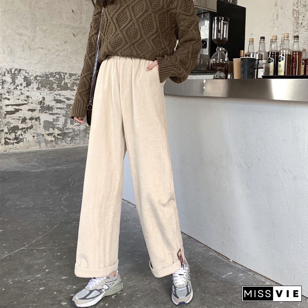 Vintage Baggy Corduroy Pants Women Korean Elastic Waist Straight Trousers Female Wide Leg Solid Pockets Pants Spring Autumn New