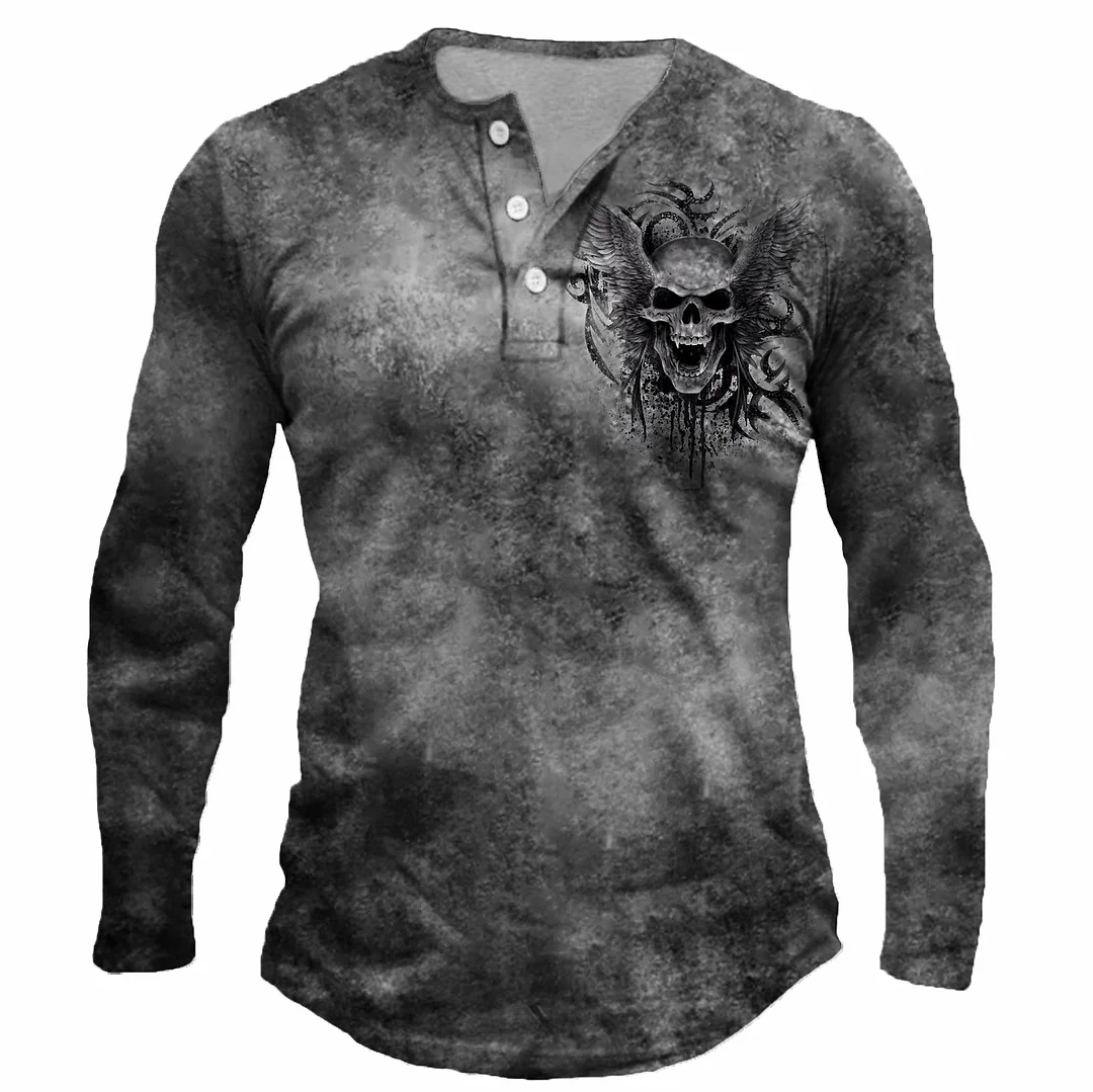 Men's Vintage Skull Long Sleeve Henley Shirt / [viawink] /