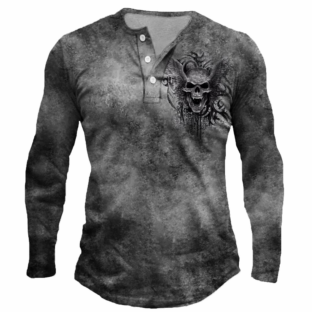Men's Vintage Skull Long Sleeve Henley Shirt / [viawink] /