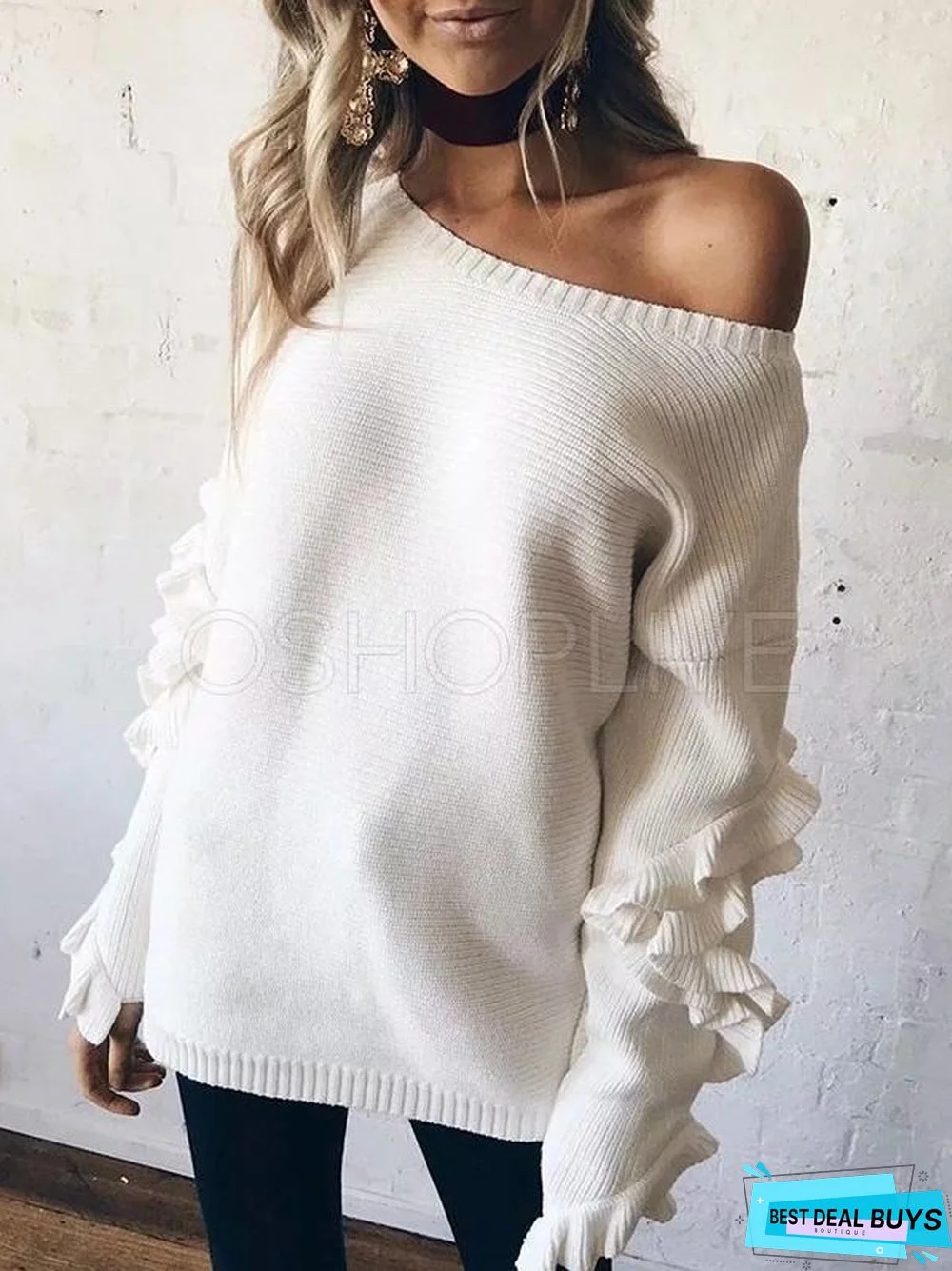 Loose Solid Falbala Knitting Sweater