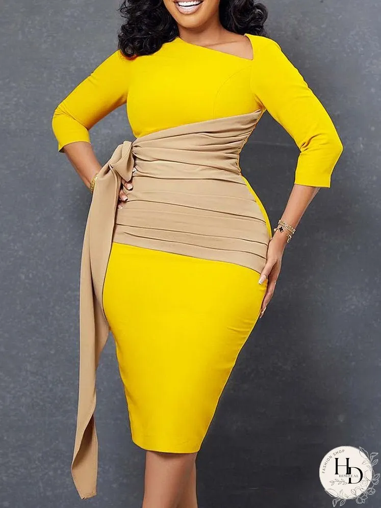 Dresses Slanted Neck Tie 3/4 Sleeve Slim Fit Dress for Women