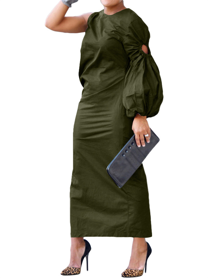Women's Solid Color Single Sleeve Hollow Out Long Sleeve Side Split Elastic Waist Round Neck Dresses Long Dresses